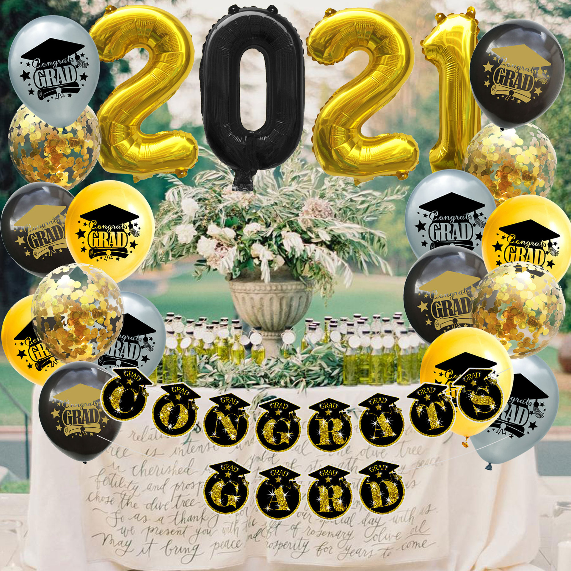 Temporada de graduación de Oro Negro tema Fiesta tire bandera espiral decoración aula foto pared graduación temporada fiesta globo Decoración