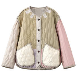 现货2025冬季新款撞色宽松甜美风简约拼接棉服外套XMA119156