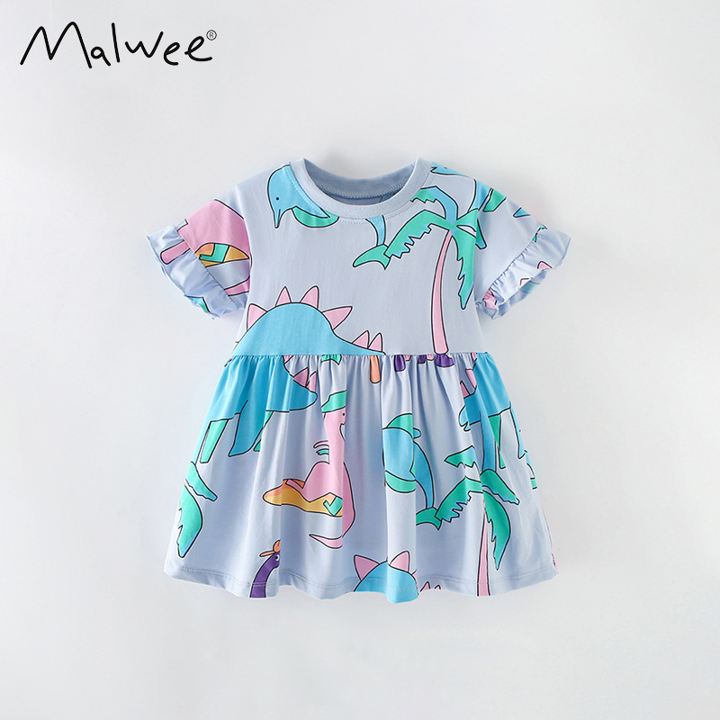 Malwee niñas vestido verano nuevo europeo y americano niños casual impreso manga corta cuello redondo vestido de princesa para niños