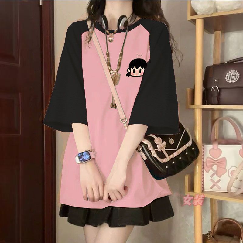 귀여운 아기 블랙과 핑크 반팔 + 블랙 스커트 [안전바지 포함, 고품질]