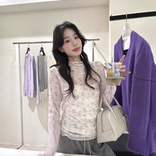 thelimon柠檬绿茶秋冬韩系叠穿碎花内搭镂空蕾丝木耳边长袖小衫女