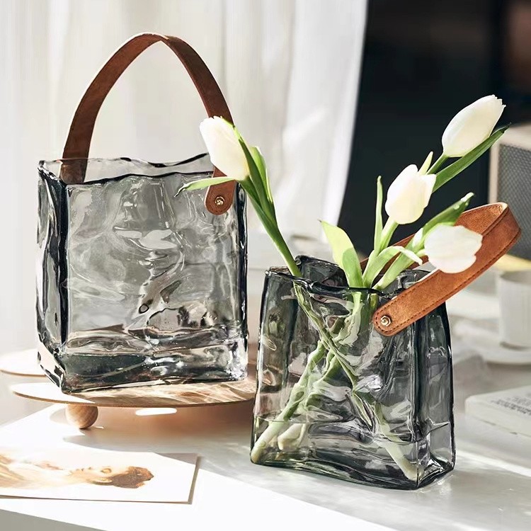 Xiaodongshu mismo bolso florero de vidrio Internet estilo celebridad de alta apariencia sala de estar arreglo floral decoración artesanía