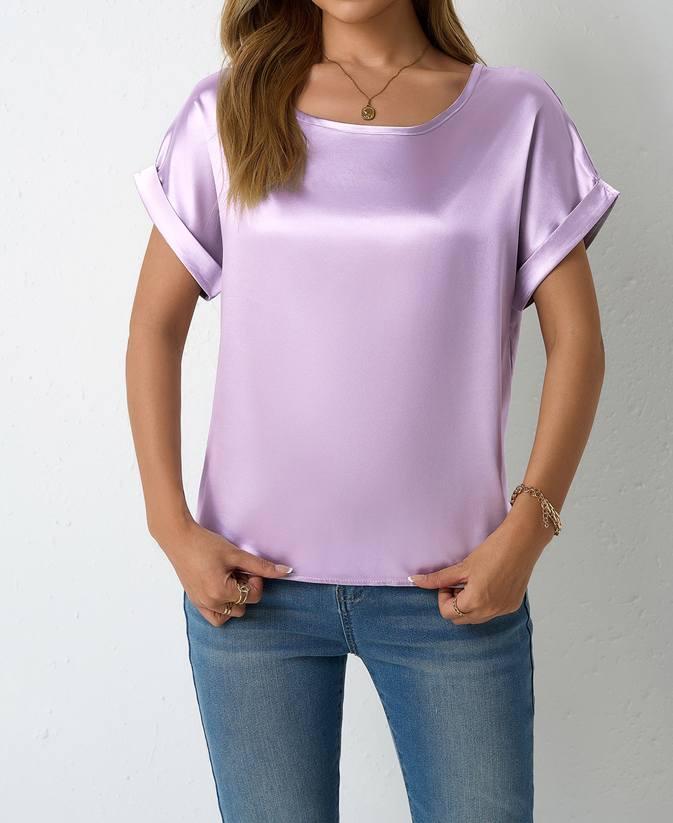 Camicia in raso da donna a maniche corte taglio morbido elegante_voghion.com