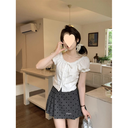 Small Size Short New Lace Ruffle Bubble Shirt Summer Slim Fit Short Sleeve Chic Shirt Sweet Top 