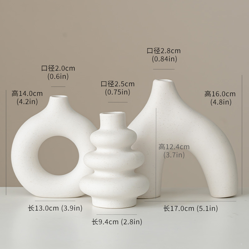 Estilo bohemio de tres piezas, jarrón de cerámica blanca, jarrón de diseño geométrico redondo, nuevo jarrón de estilo sushi.
