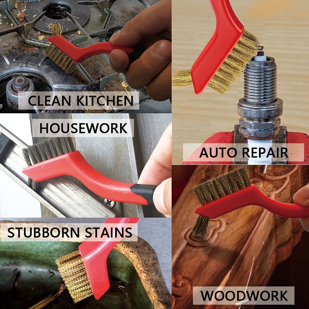 6-pack pequeño cepillo de alambre, traje de cepillo de limpieza incluye cepillo de latón cepillo de nylon cepillo de acero para limpiar escoria de soldadura