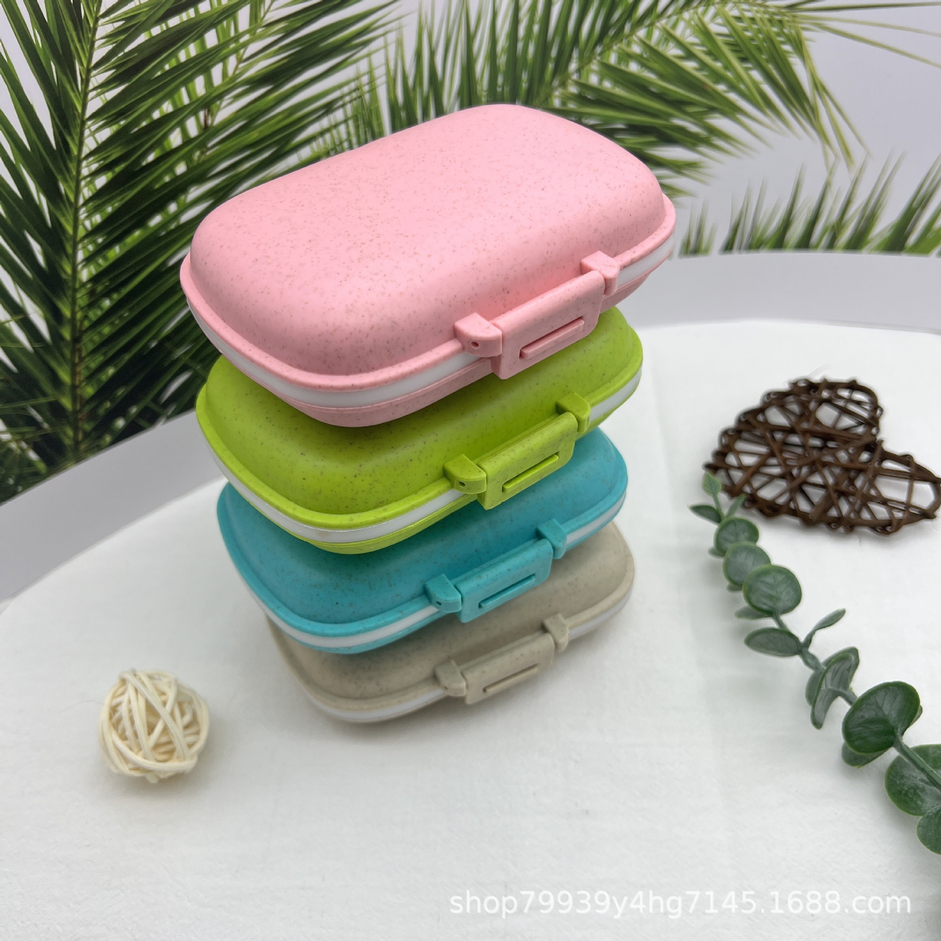 Amazon paja de trigo portátil 8-rejilla sellada caja de la píldora impermeable a prueba de humedad caja de almacenamiento de embalaje 7 días a la semana