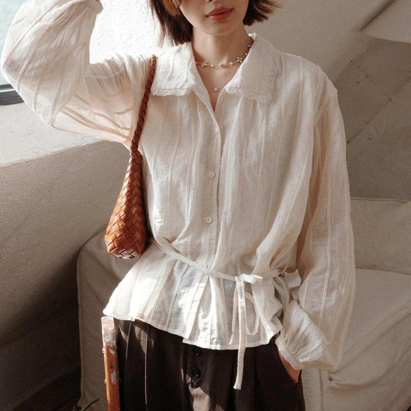 White Drawing Workshop "Angelia" 26Ss Early Spring New Striped Jacquard Adjustable Waist French-Style Shirt for Women