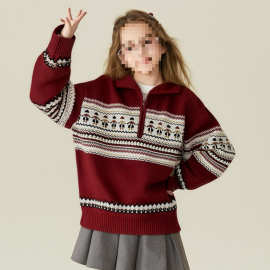 女大童装新年红色针织衫秋冬新款小女孩洋气翻领毛衣儿童宽松上衣