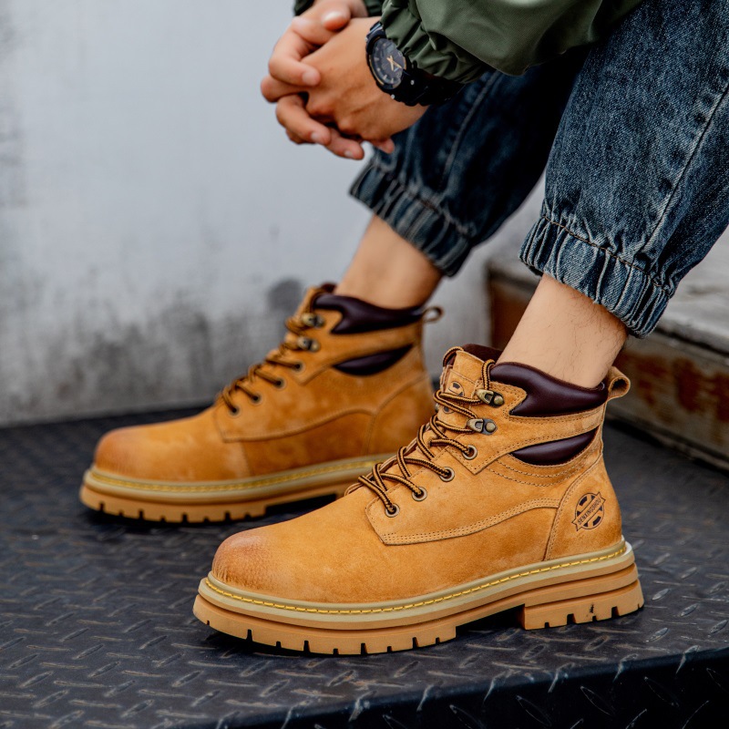 Martin Herren Herbst Hohe Schuhe Britischer Stil Echtes Leder Mid Top Atmungsaktiv Gelb Trendy Casual Arbeitsstiefel_voghion.com