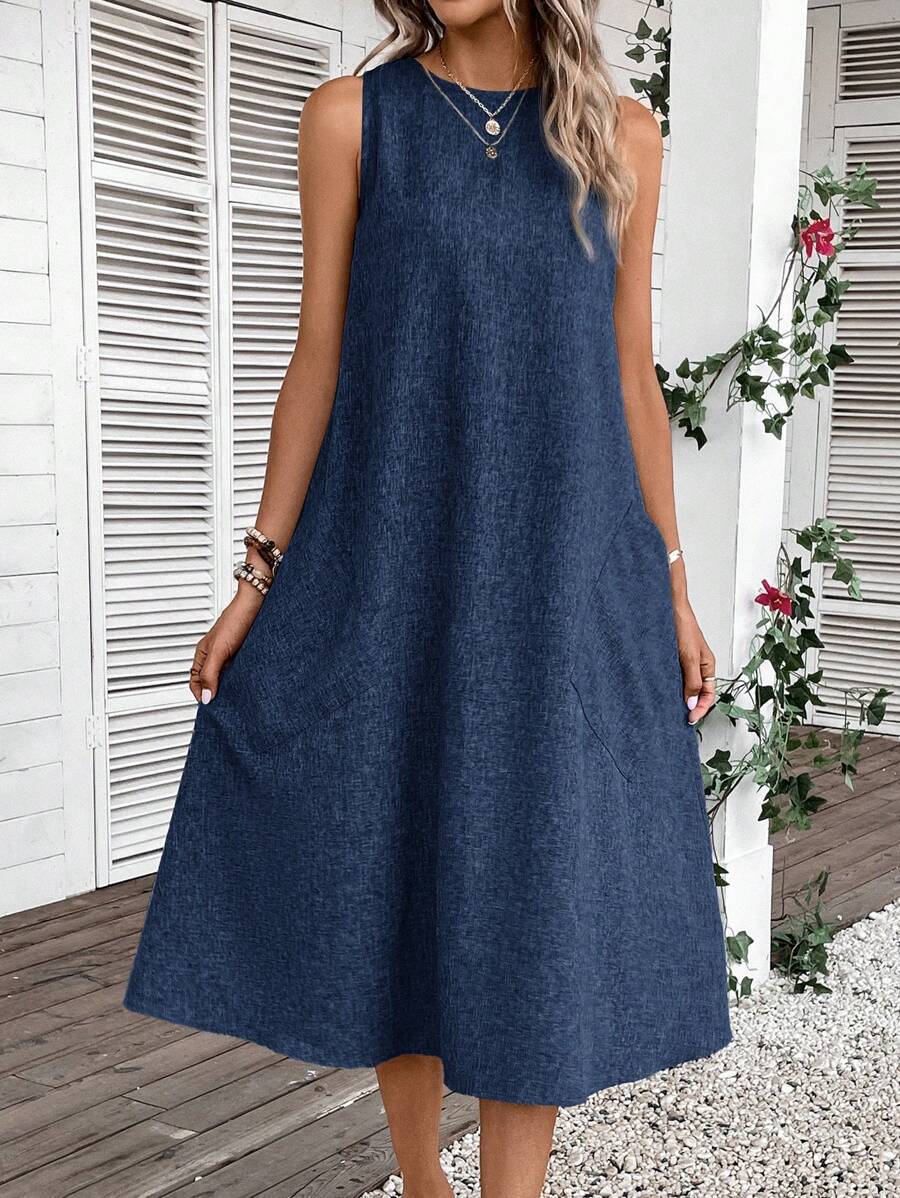 Women's Regular Dress Vintage Style Round Neck Pocket Sleeveless Solid Color Midi Dress Holiday Daily Date display picture 21