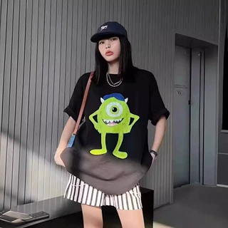 夏季新款纯棉短袖女装宽松圆领印花卡通中长款T恤显瘦百搭上衣女