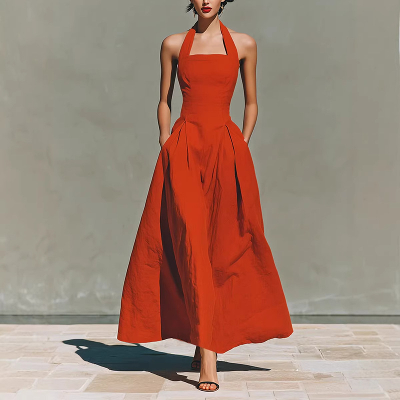 2026 Amazon Independent Site European and American Spring/Summer Halter Neck Faux Linen Casual Fashion Slim Fit Pocket Women's Dress