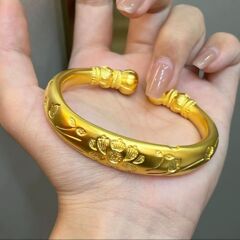 热卖款牡丹花南瓜头开口镀金手镯女复古实心加厚电镀花镯子批发