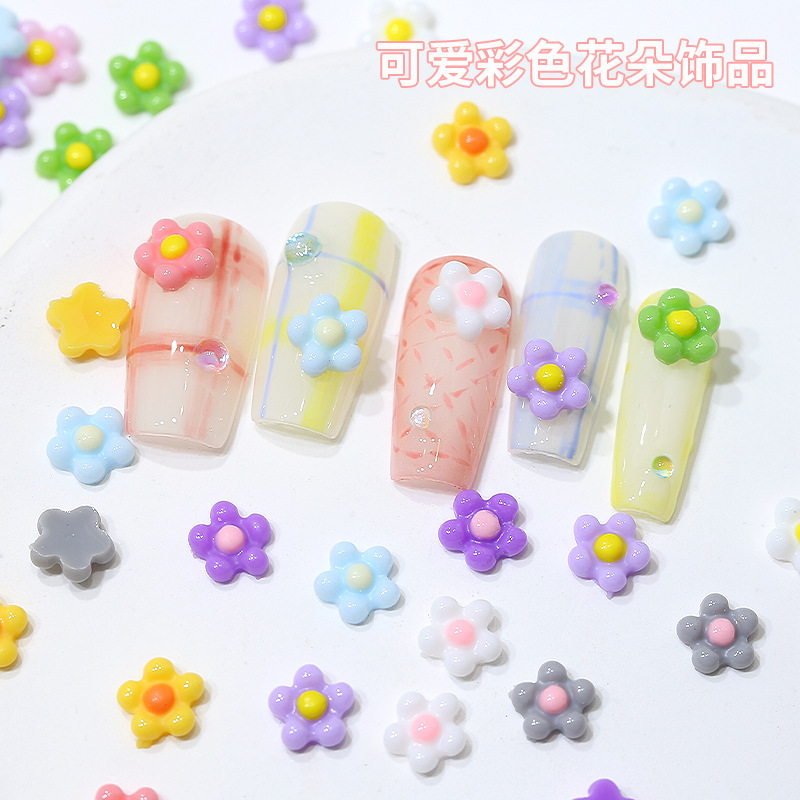 Spring and Summer Cute Colorfulful Flower Nail Art Accessories Wholesale Sweet Nail Decoration Resin Five-Petal Flower Mixed Small Accessories