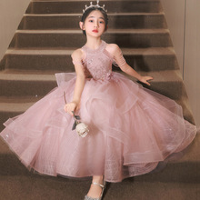 女童生日公主裙花童礼服轻奢小众儿童主持人钢琴演奏粉色挂脖礼服