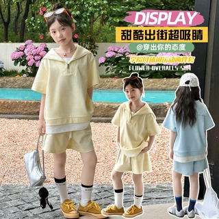 女童韩系夏季海军领套装2026新款中大童短袖上衣服短裤休闲两件套