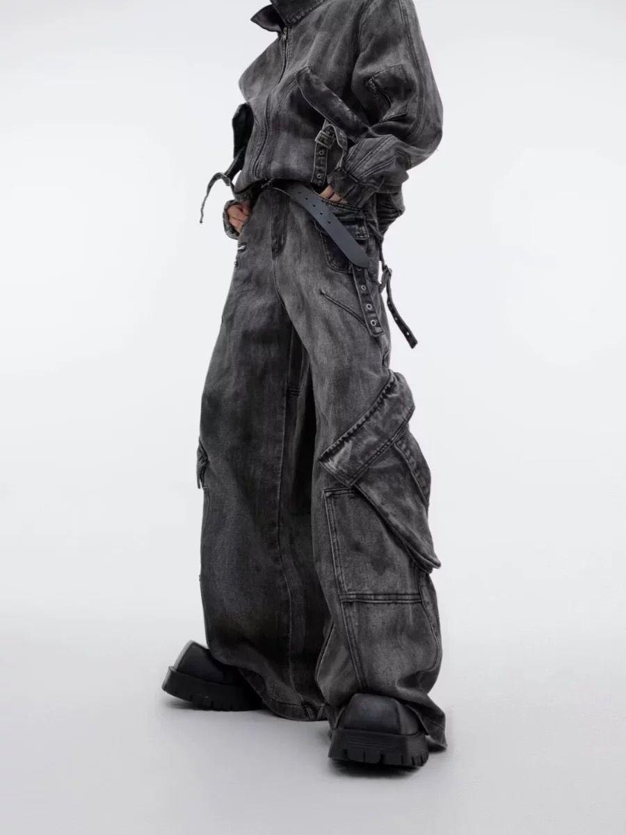 Vêtements pour hommes Veste en jean vieilli Manteau pour hommes Wasteland Fermeture éclair épaisse Grande poche Vêtements de travail Pantalon de nettoyage à jambe large Tendance_voghion.com