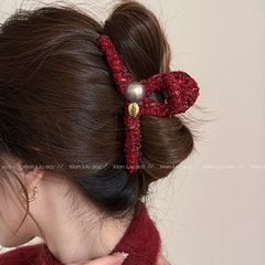 新年紅色毛絨珍珠抓夾女秋冬大號鯊魚夾發抓高級感後腦勺髮夾頭飾