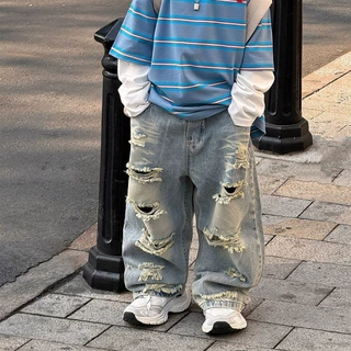 帅气春季新款韩版男童复古美式高街破洞牛仔裤儿童长裤潮