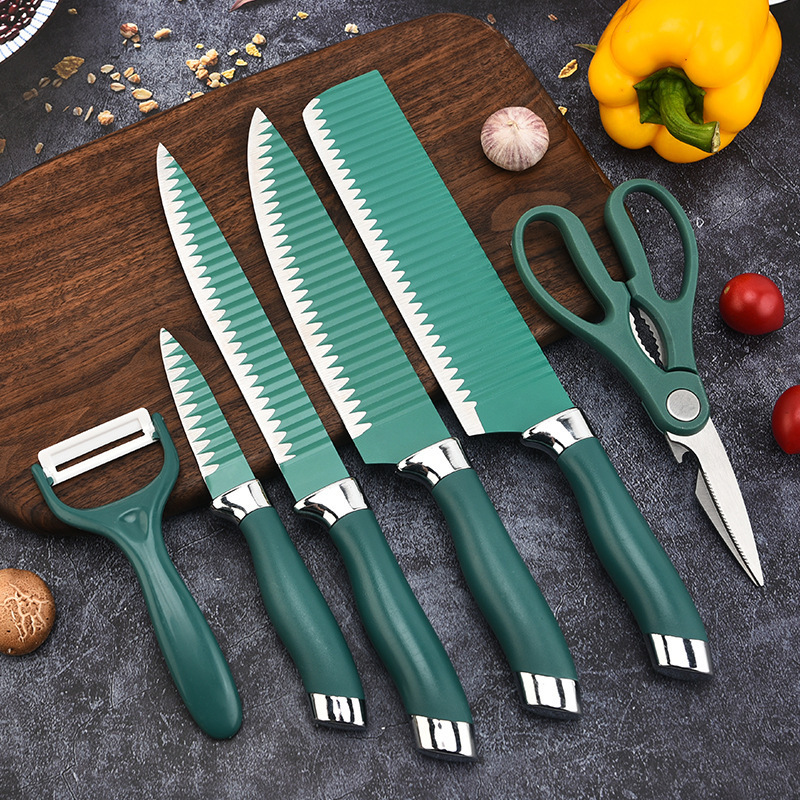 En stock venta al por mayor fábrica verde patrón de onda de seis piezas de cocina cuchillo de cocina regalo cuchillo traje cuchillo de acero inoxidable