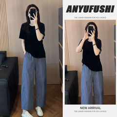夏日ootd穿搭一整套韩版简约圆领短袖T恤女休闲条纹阔腿裤子套装
