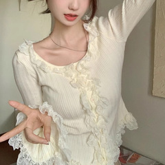 優しい風純欲メリヤスカーディガン女装春秋レースセーター茶休フランス内着底上着潮