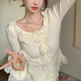温柔风纯欲针织小开衫女装春秋季蕾丝毛衣茶歇法式内搭打底上衣潮