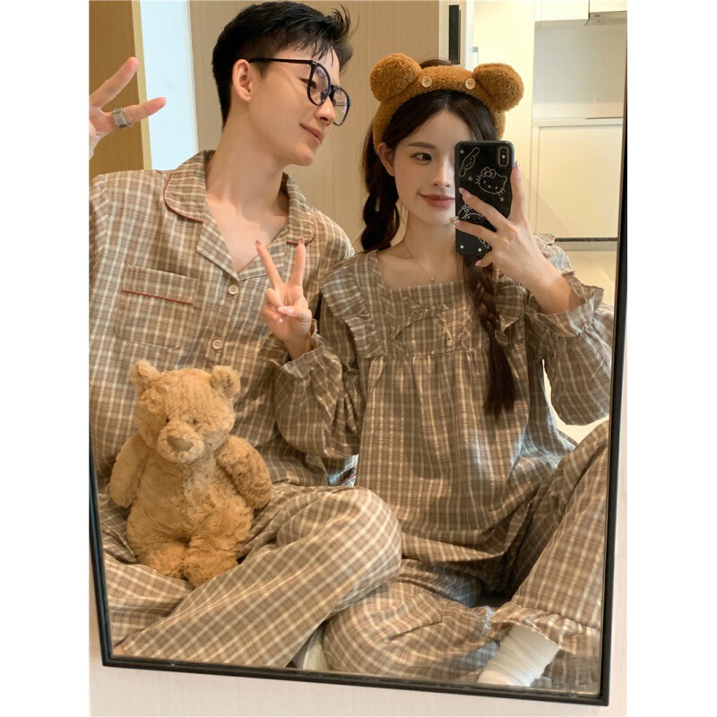 Cross-border special for foreign trade women chic Korean style sweet loose cotton linen plaid loose square collar doll shirt home wear