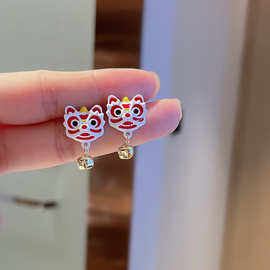 红色小狮子耳钉过年喜庆2024新中式国风耳环新年款925银针耳饰女