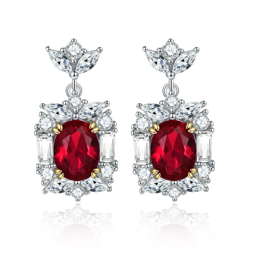 European and American ruby ​​ring, zircon, S925 silver earrings, atmospheric colorful treasure necklace, high-end sterling silver colorful treasure jewelry set