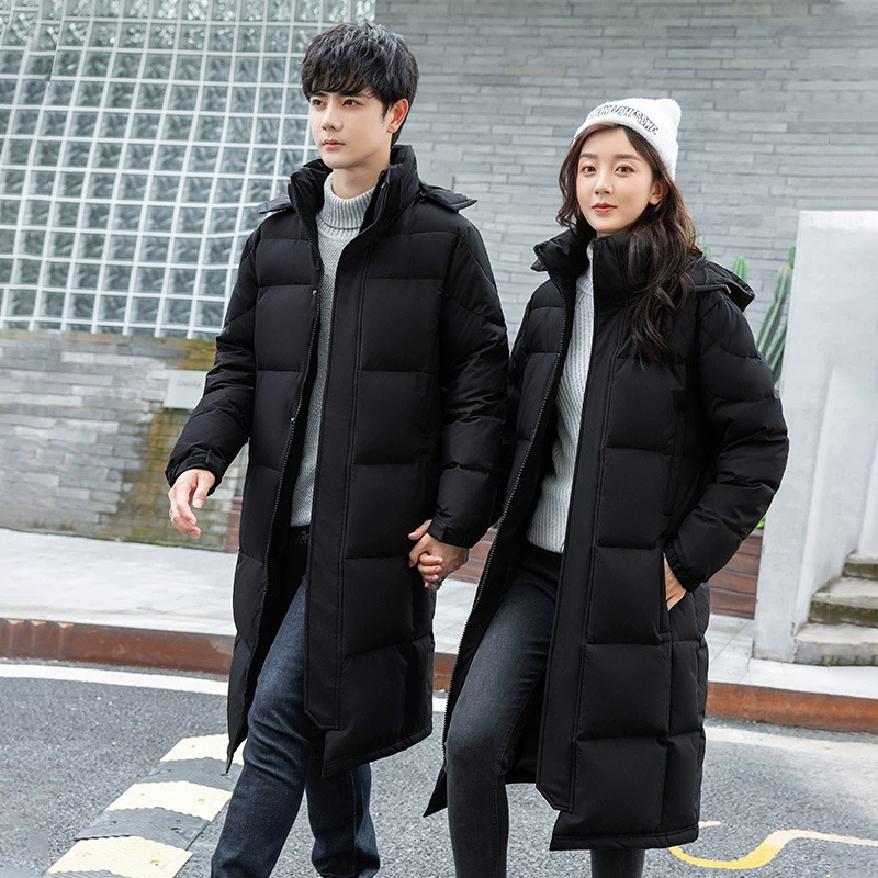 2025 мужская и женская пара длинная пуховая куртка в корейском стиле, рабочая одежда, студенческая школьная форма, удлиненная утолщенная зимняя одежда с капюшоном выше колена, тренд