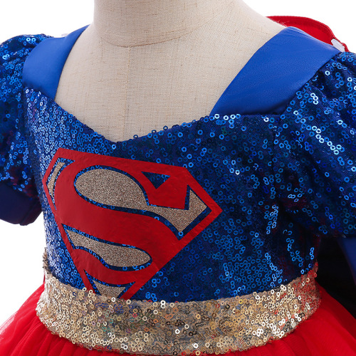 Cosplay Marvel Heroes Superman Spliced Dress with Cape Children's Glitter Performance Gown 