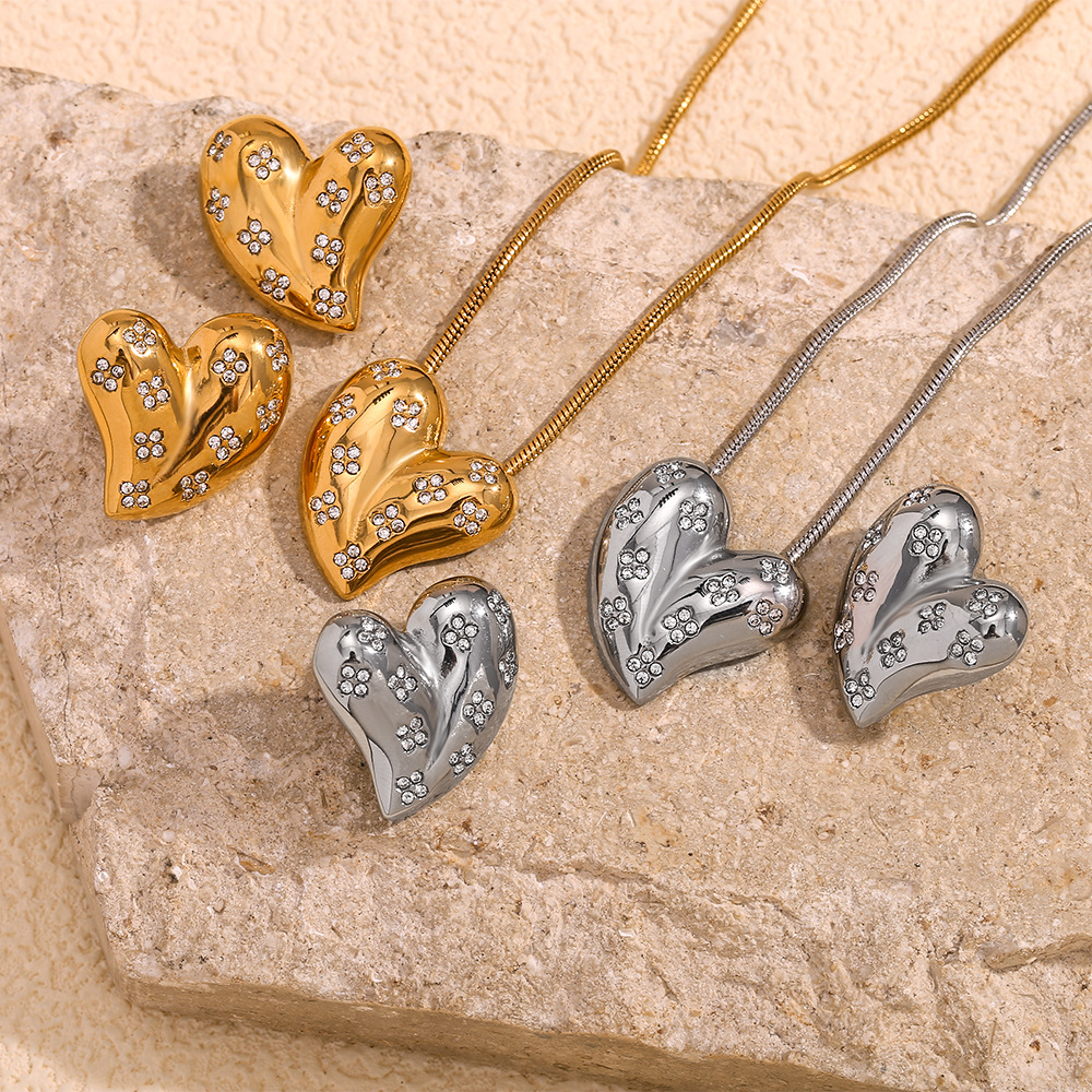 White Diamond Love Pendant Stainless Steel Necklace Earrings