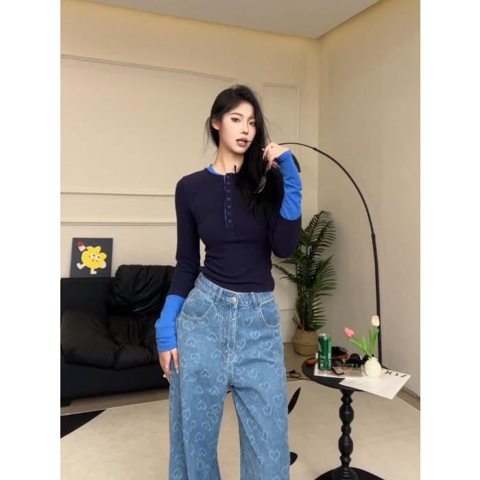【人棉】撞色拼接长袖T恤女早秋2025新款修身设计感小众打底|undefined