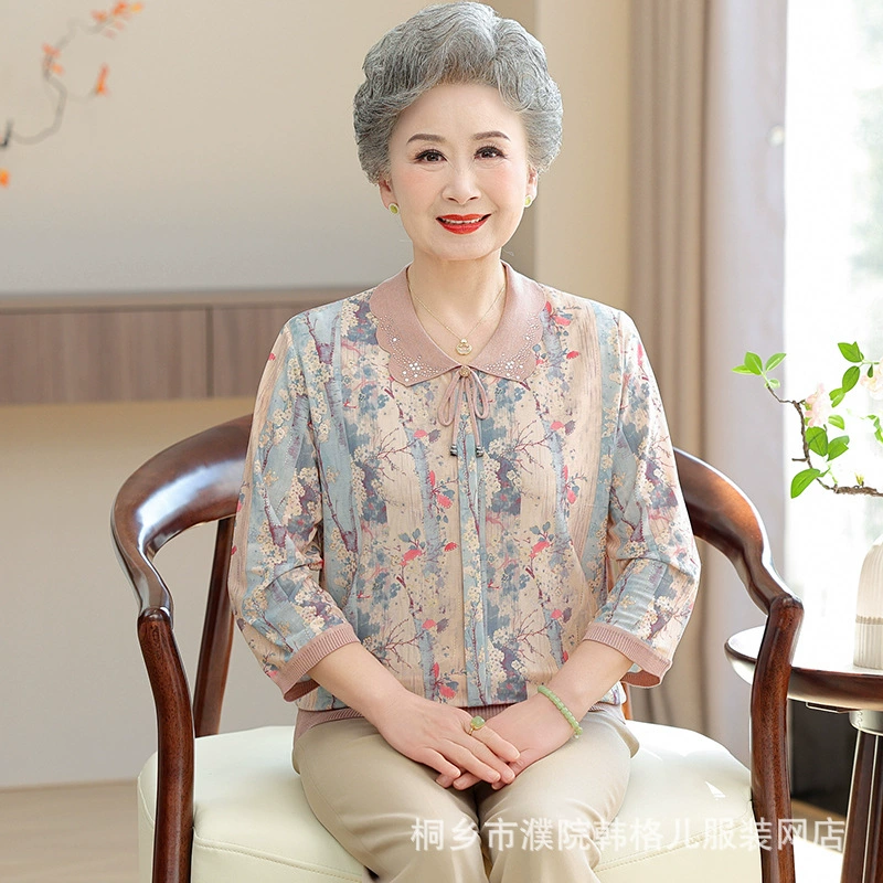 Среднего и пожилого возраста женская мама летняя новая футболка со льдом с отворотом топ