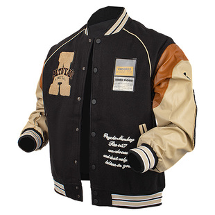 American Retro Letter Flocking Patchwork Baseball Jacket for Men, Autumn Versatile Loose Patchwork Color-Blocking Jacket Coat Cross-Border