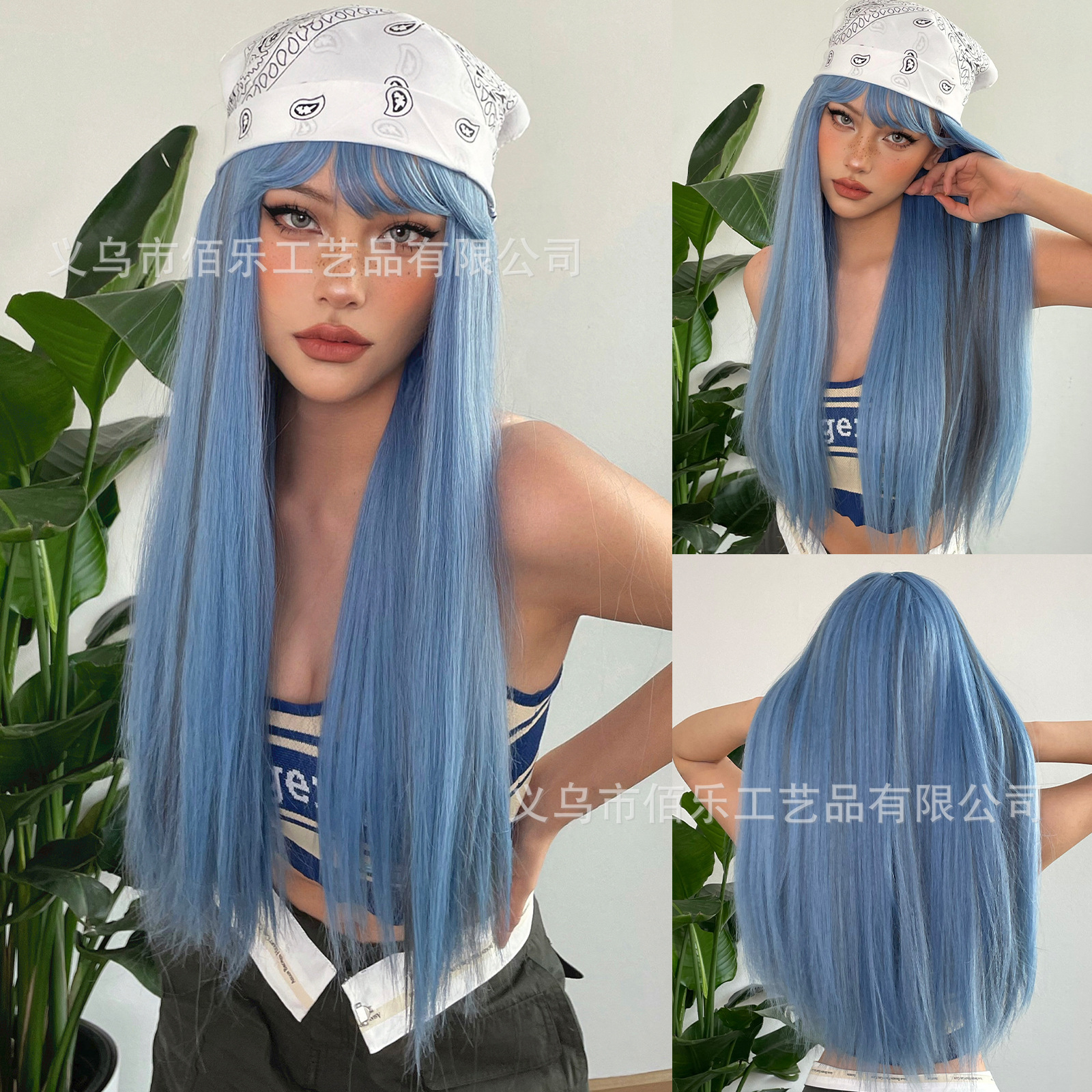 Transfronterizo Azul flequillo natural pelo largo y recto Peluca de fibra química femenina Comercio exterior europeo y americano nueva fábrica de seda de alta temperatura al por mayor