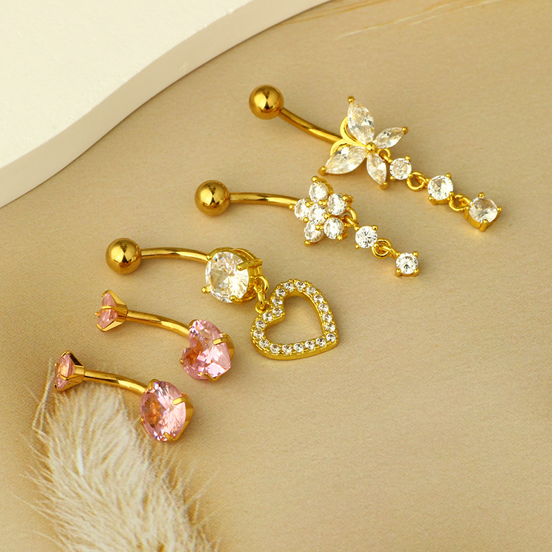Belly Ring Classification 1 Set Quantity 1 Set 316 Stainless Steel Copper Zircon Belly Rings Heart Shape
