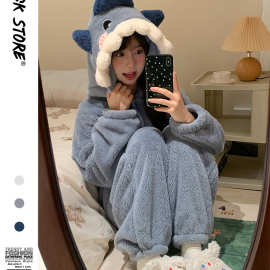 甜美可爱鲨鱼连帽珊瑚绒睡衣女2025秋冬款加厚保暖连体睡袍可外穿