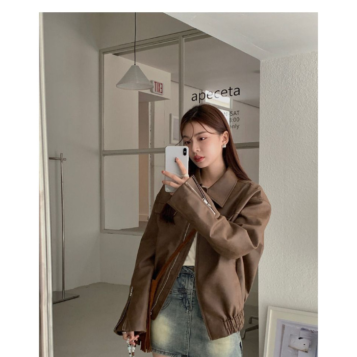 棕色皮衣外套女2025秋季新款小个子高级感复古没事机车pu夹克上衣|undefined