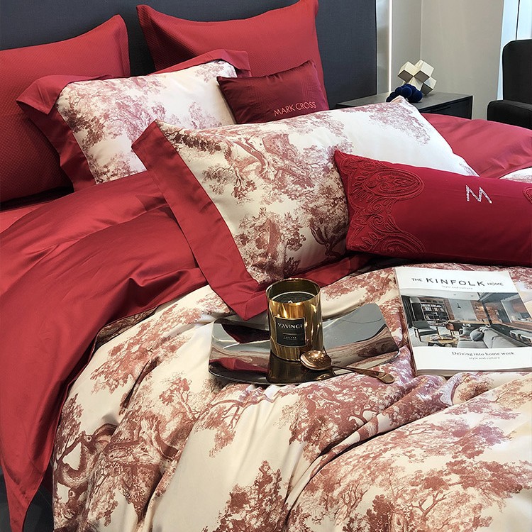 2 big red 100 Xinjiang long staple cotton four-piece high-grade cotton satin American cotton printed wedding bedding