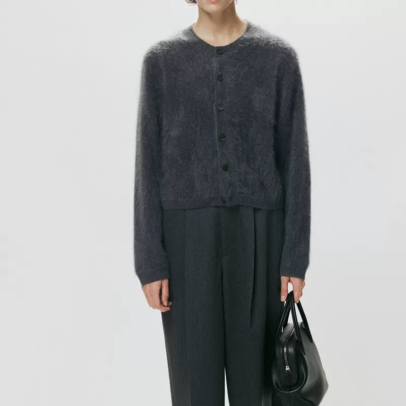 FAIRY WA罕山白绒 家皮草拉绒 宽松圆领短款针织开衫开衫外套女