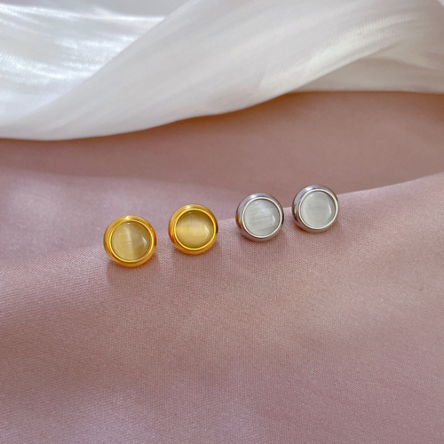 [Full-body titanium steel] round cat-eye minimalist style earrings, cold men and women earrings, personalized temperament banquet earrings
