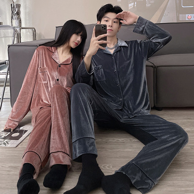 情侣睡衣男士秋冬款金丝绒长袖薄款简约休闲加大码家居服女套装春