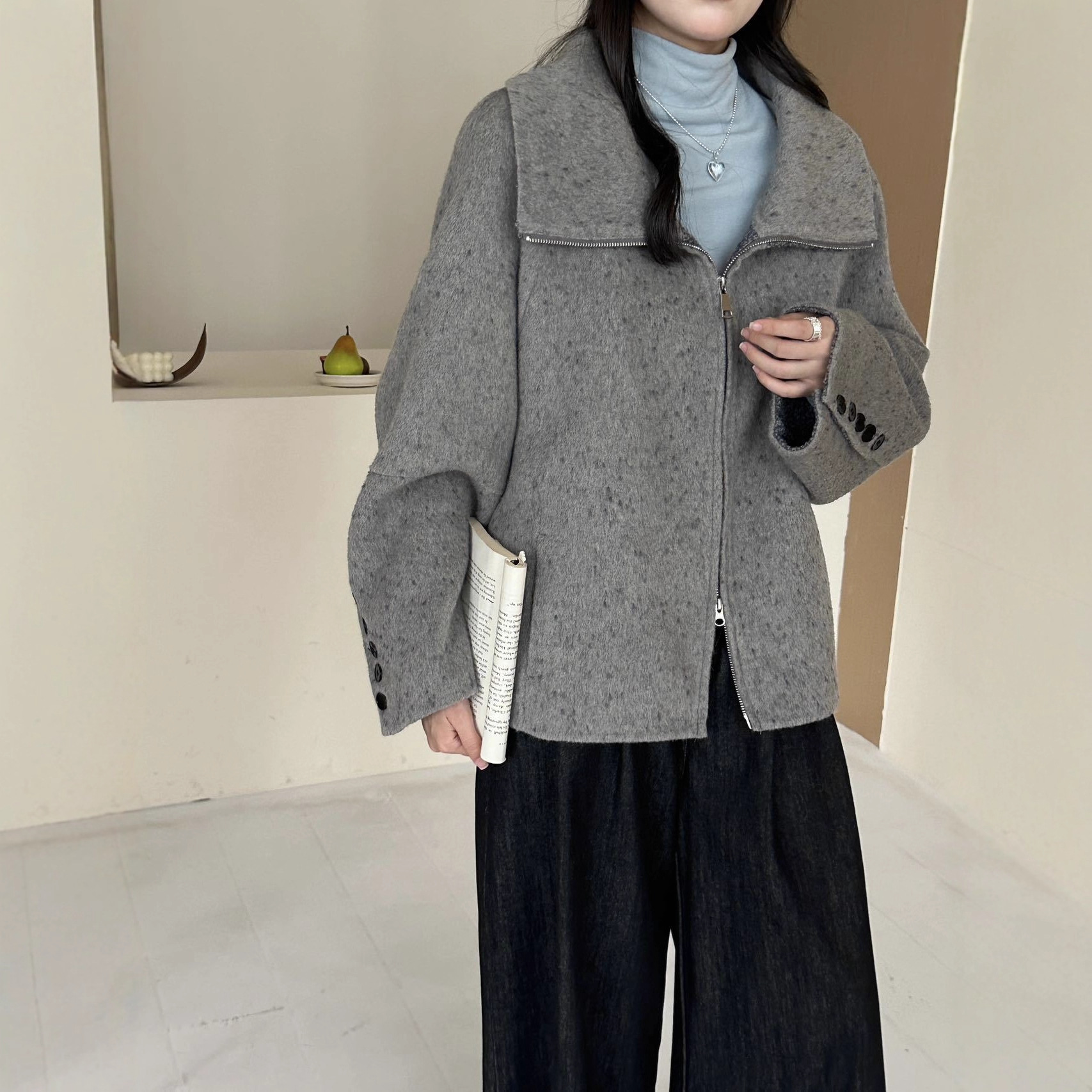 2025秋冬小个子宽松大码方领拉链点花学院风双面呢羊毛大衣女外套