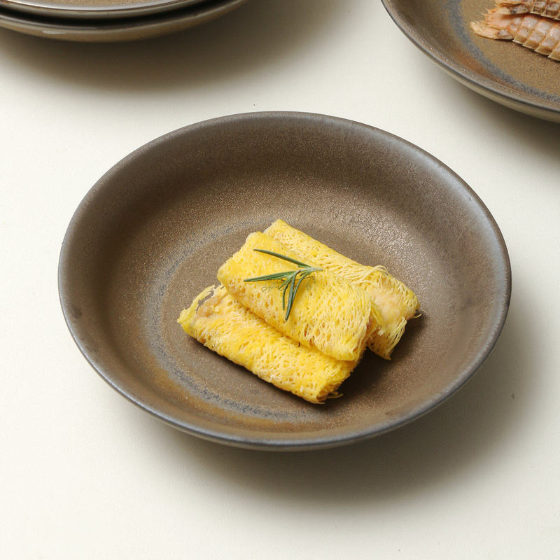 Jiutian Coarse Pottery Deep Plate with Vintage Distressed Style, Gold-Plated Glaze, Round Household Plate, Commercial Restaurant Dish