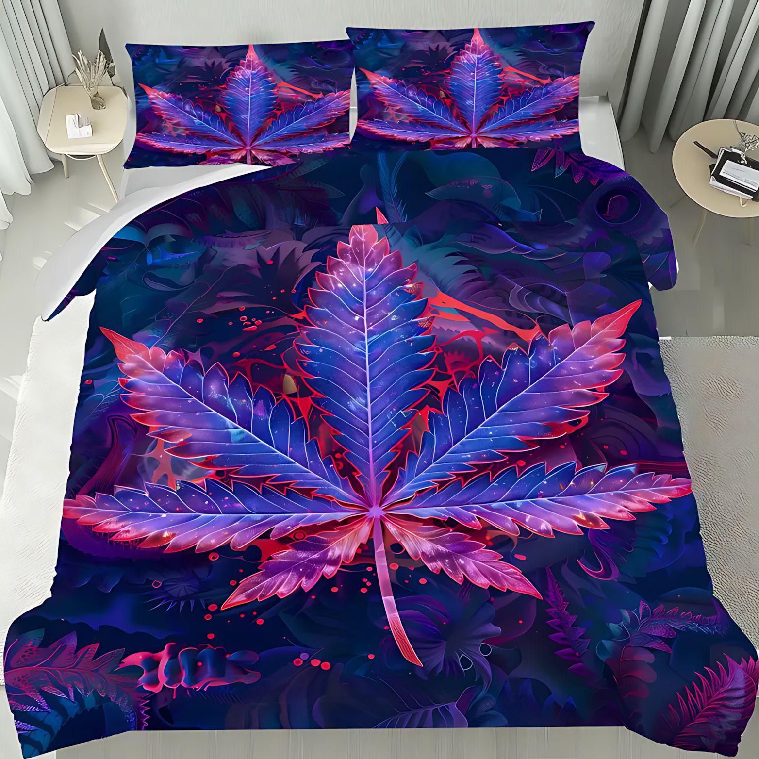 TEMU / JIT transfronterizo púrpura psicodélico hoja tema 3D impresión digital set edredon