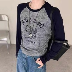 韩系卡通印花插肩长袖T恤2025秋季新款女简约小众减龄百搭上衣潮