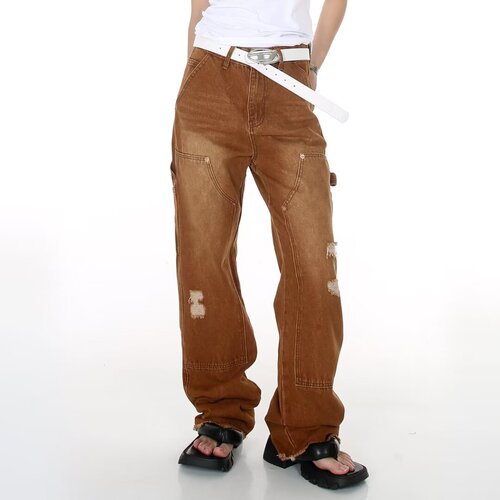 American street style washed vintage ripped jeans for men, suitable for spring and autumn, straight leg, loose fit, European and American high street vibe long pants